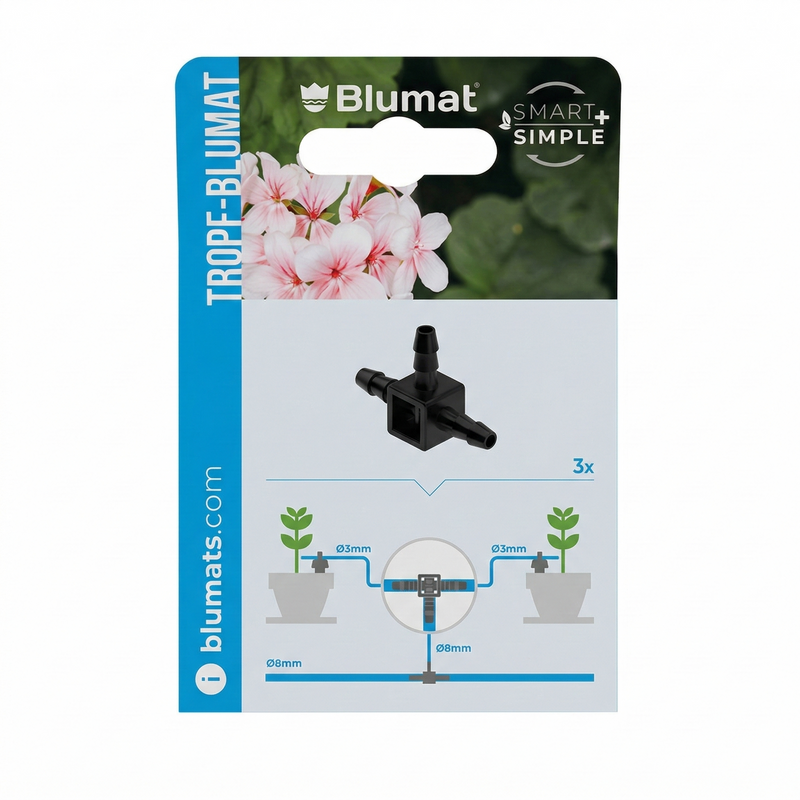 Load image into Gallery viewer, Blumat 3 mm mini-tee fittings in front-facing retail blister packaging
