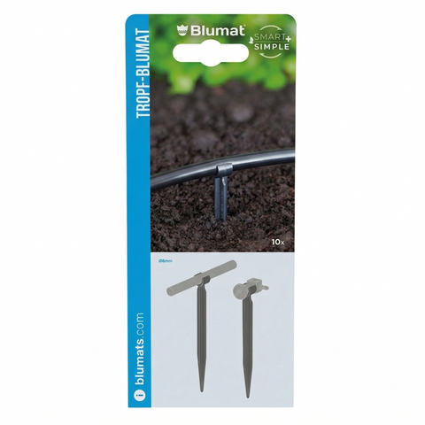 Blumat dripper support stakes in front-facing retail blister packaging