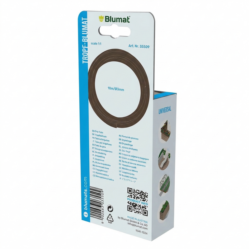 Load image into Gallery viewer, Back of Blumat 3 mm drip tubing package with tubing illustration
