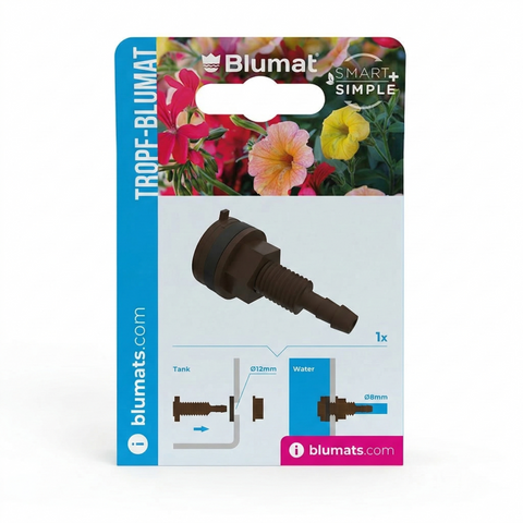 Blumat 8 mm tank connector package shown at an angle