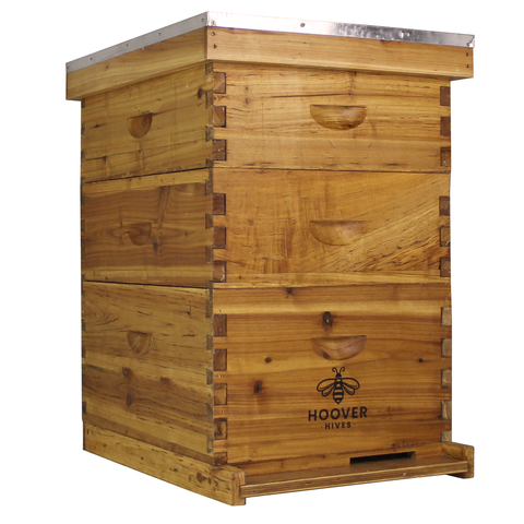Wax-coated 10-frame beehive, 1 deep and 2 mediums, front