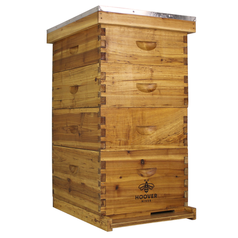 Wax-coated 10-frame beehive, 1 deep and 3 mediums, front