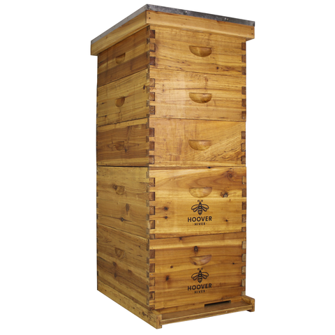 Wax-coated 10-frame beehive, 2 deeps and 3 mediums, front