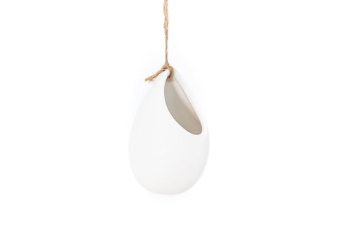 Small Ivory Ceramic Hanging Planter With Flat Bottom, retail packaging