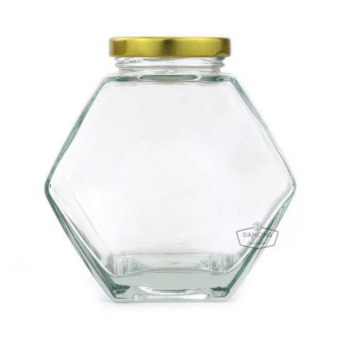 Glass hexagon honey jar with lid, 500 g capacity, case of 12.