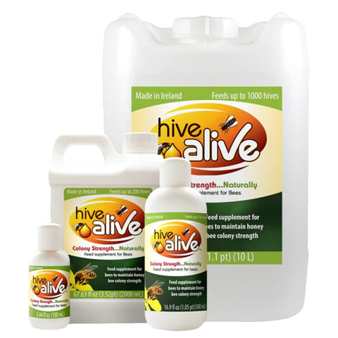 Bottle of Hive Alive liquid feed supplement for colony intestinal health.