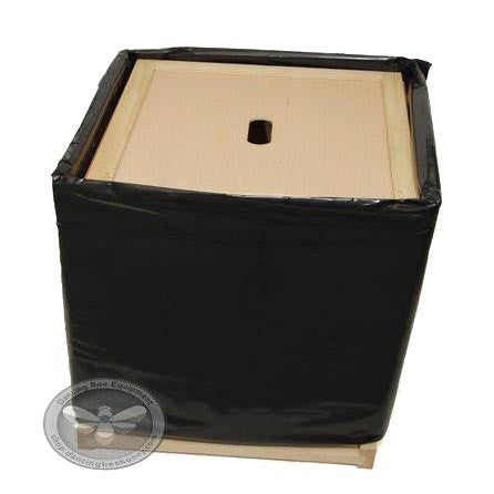 Insulated single-hive winter wrap in black polyethylene with foil bubble lining.