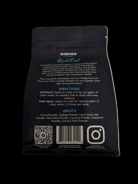 River View Living Soils Root Fuel 1-pound bag, back label with directions and ingredients