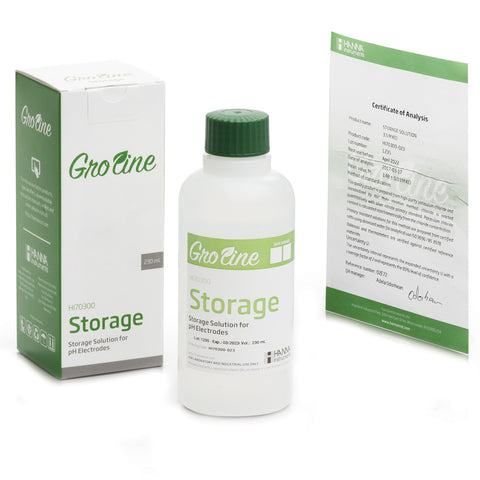 Hanna GroLine electrode storage solution bottle, 230 milliliters