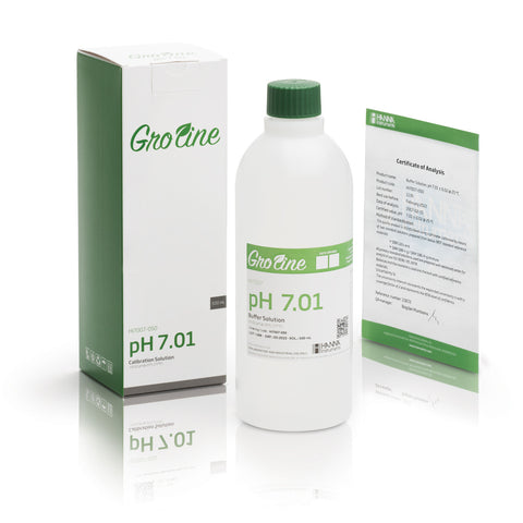 Hanna GroLine pH 7.01 calibration solution bottle, 500 milliliters