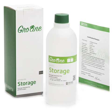 Hanna GroLine electrode storage solution bottle, 500 milliliters
