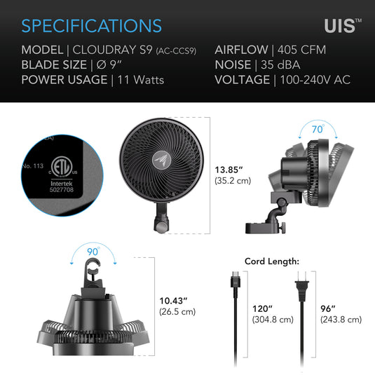 AC Infinity CLOUDRAY S9, Grow Tent Clip Fan 9” with Long-Life EC Motor, 10- level Dynamic Wind Modes & Fan Speeds, 10-Level Auto Oscillation