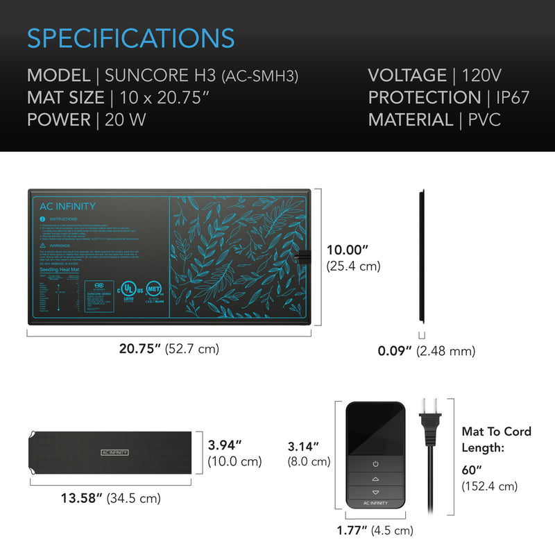 Load image into Gallery viewer, AC Infinity SUNCORE H3,Seedling Heat Mat with Heat Controller, IP-67 Waterproof, 10” x 20.75”
