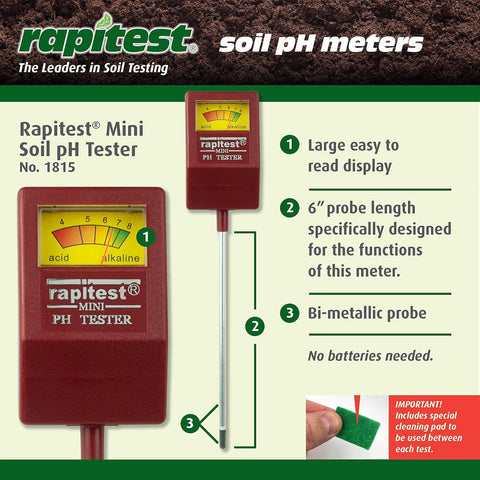 Luster Leaf Rapitest Mini Soil pH Tester 1815 features and 6-inch probe
