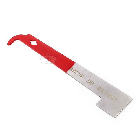 J hooked stainless steel hive tool with square end and hook end for frames.