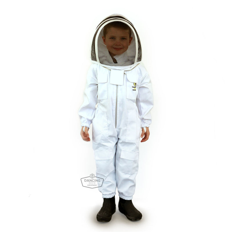 Load image into Gallery viewer, Child wearing Little Bee Steward beekeeping suit with hood and metal zipper.

