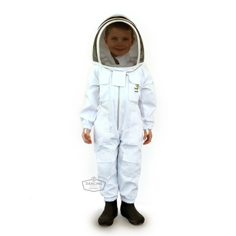 Child wearing Little Bee Steward beekeeping suit with hood and metal zipper.