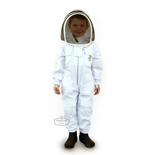 Child wearing Little Bee Steward beekeeping suit with hood and metal zipper.