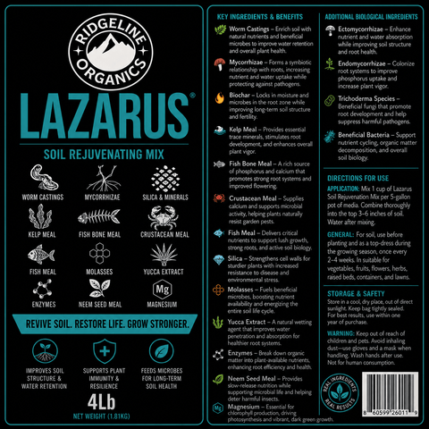 Ridgeline Organics Lazarus – Soil Rejuvenation & Conditioning Mix 4lb, label and product information