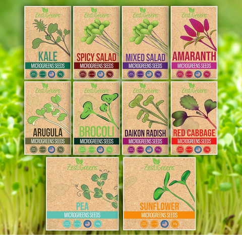 Organic microgreens seed variety pack with ten seed packets.