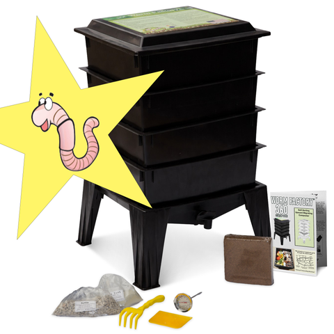 Worm Factory 360 four-tray composting bin with red wiggler worms bundle