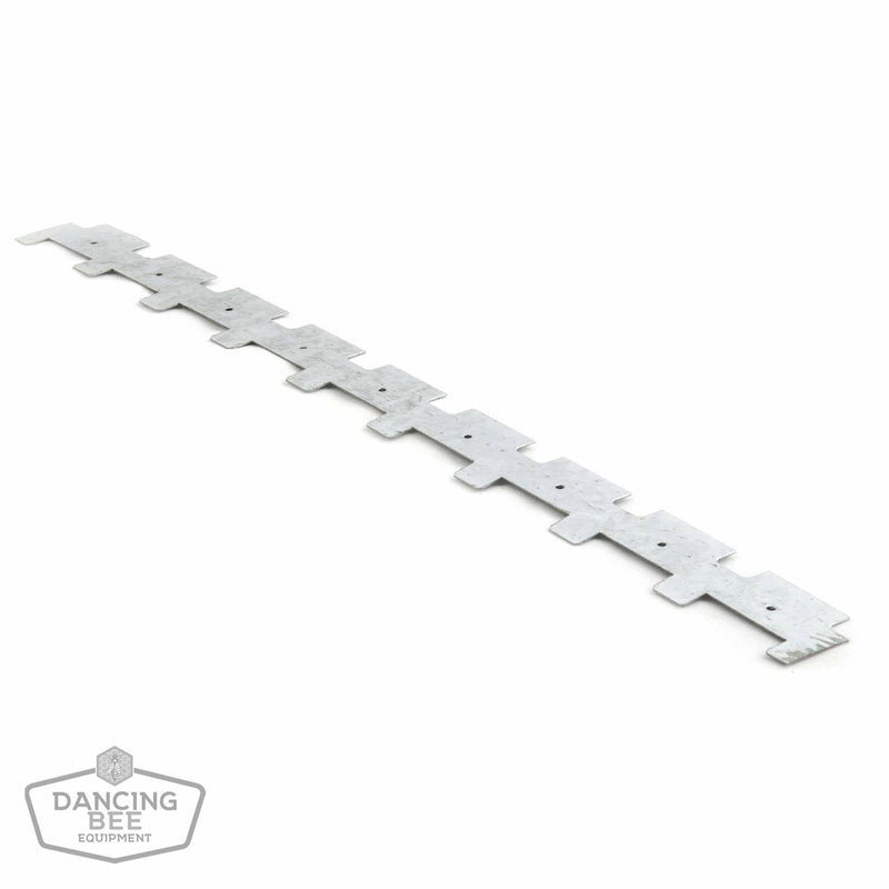 Load image into Gallery viewer, Galvanized metal spacer for evenly spacing nine frames in a hive box.
