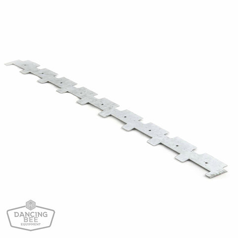 Galvanized metal spacer for evenly spacing nine frames in a hive box.
