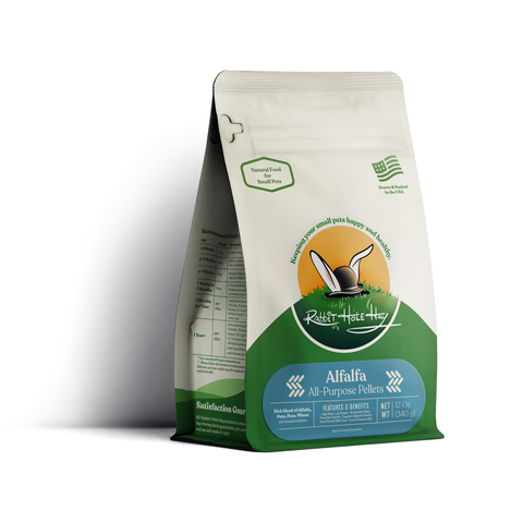 Rabbit Hole Hay all-natural alfalfa pellets for rabbits and guinea pigs, bag.