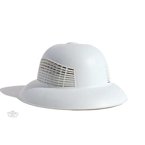 Lightweight vented plastic beekeeping helmet with adjustable band, front view.