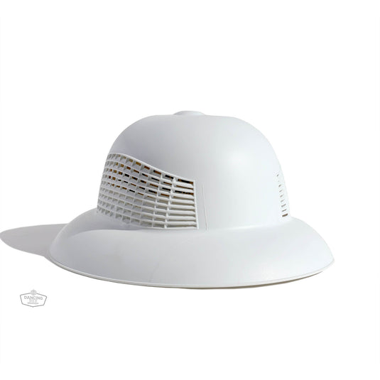 Lightweight vented plastic beekeeping helmet with adjustable band, front view.