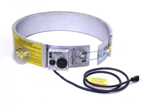 WRAP-IT-HEAT TRX-55 thermostatic drum heater wrapped around a 55-gallon metal honey drum.