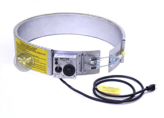 WRAP-IT-HEAT TRX-55 thermostatic drum heater wrapped around a 55-gallon metal honey drum.