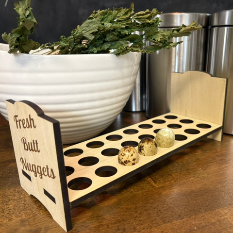 Counter Top Quail Egg Holder - Fresh Butt Nuggets, shown in use