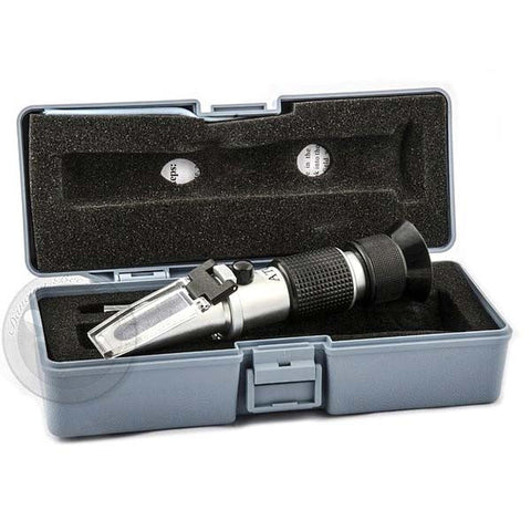 Portable honey refractometer for measuring moisture content and density, handheld.