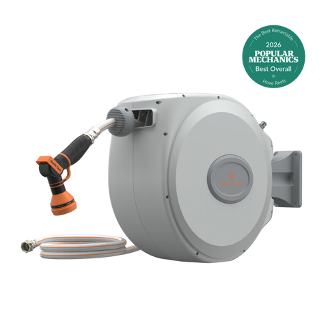 Giraffe Tools retractable garden hose reel, 5/8 inch by 65 feet