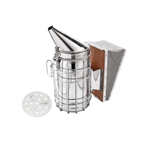 Stainless steel beekeeping smoker, front