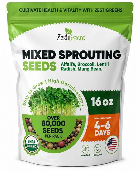 Bag of organic mixed sprouting seeds for countertop sprouting.