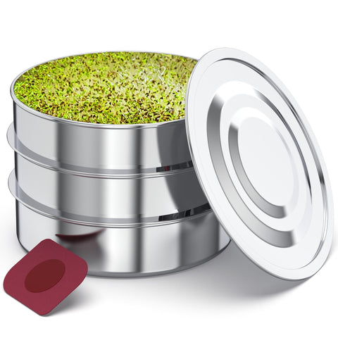 Stainless steel three-tier stackable seed sprouter trays.