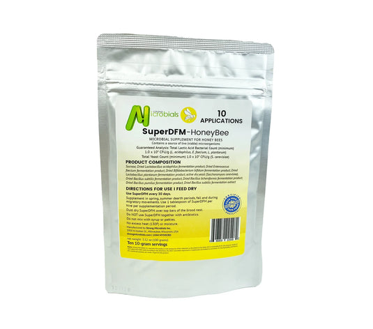 Packet of SuperDFM-HoneyBee probiotic powder supplement for honeybee colony gut health.