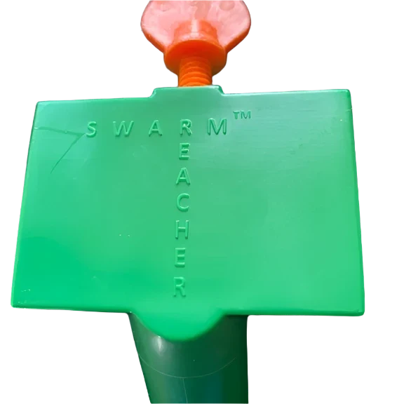 Load image into Gallery viewer, Swarm Reacher tool attached to an extension pole for capturing bee swarms.
