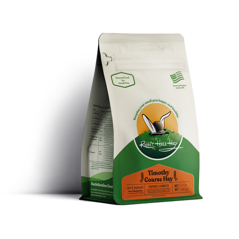 Rabbit Hole Hay coarse-cut Timothy hay for small pets, packaged bag.