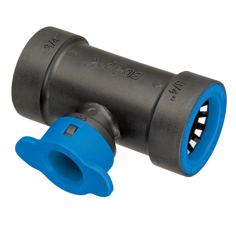 Blu-Lock 3/4 to 1/2 inch reducing tee fitting for poly sprinkler pipe.