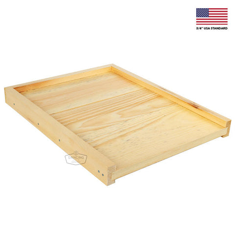 Solid pine bottom board for a 10-frame Langstroth beehive, assembled.