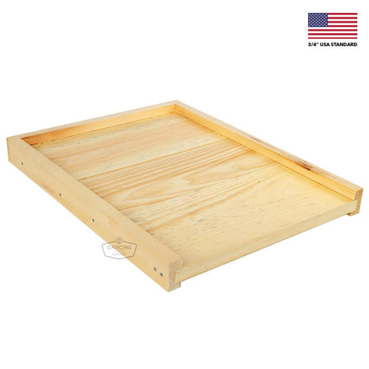 Wax-dipped solid pine bottom board for a 10-frame Langstroth beehive.