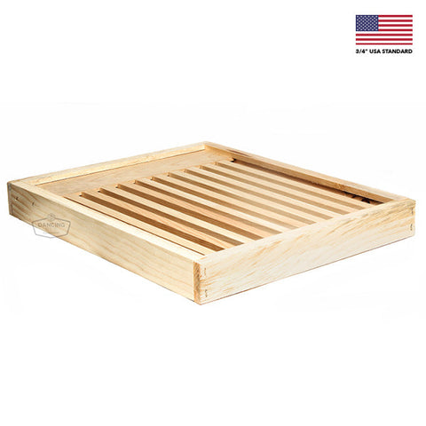 Wooden slatted rack for ventilation and swarm control in a Langstroth hive.