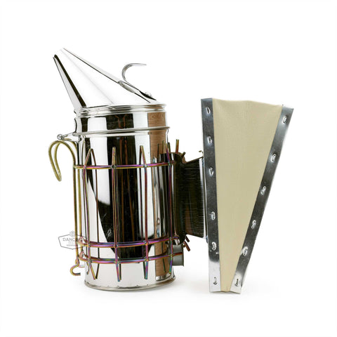 Urban stainless steel bee smoker, 9 inches tall, sized for hobbyist beekeepers.
