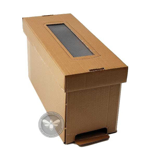 Vented cardboard nuc box holding five deep frames, sold in bulk.