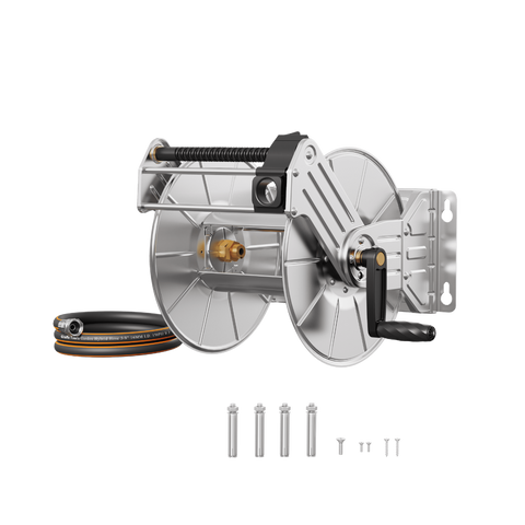 Giraffe Tools wall mounted hose reel, stainless steel