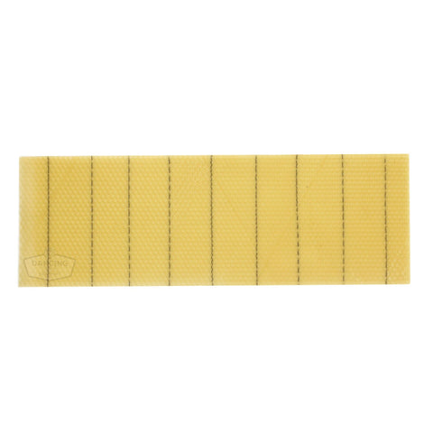 Medium wired beeswax foundation sheet with vertical crimped steel wires.
