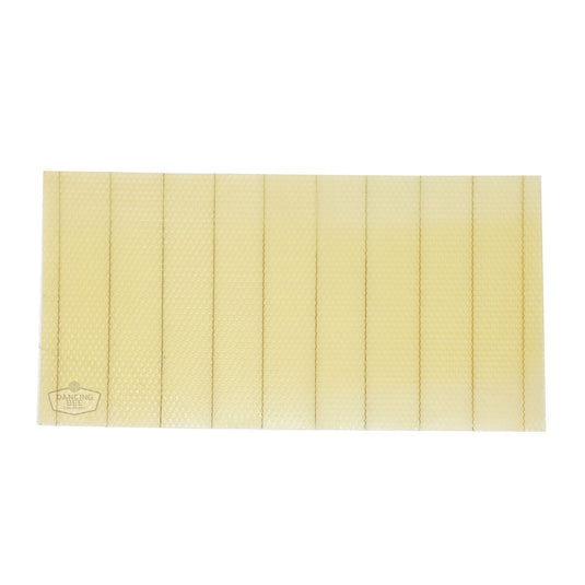 Deep wired beeswax foundation sheet with vertical crimped steel wires.